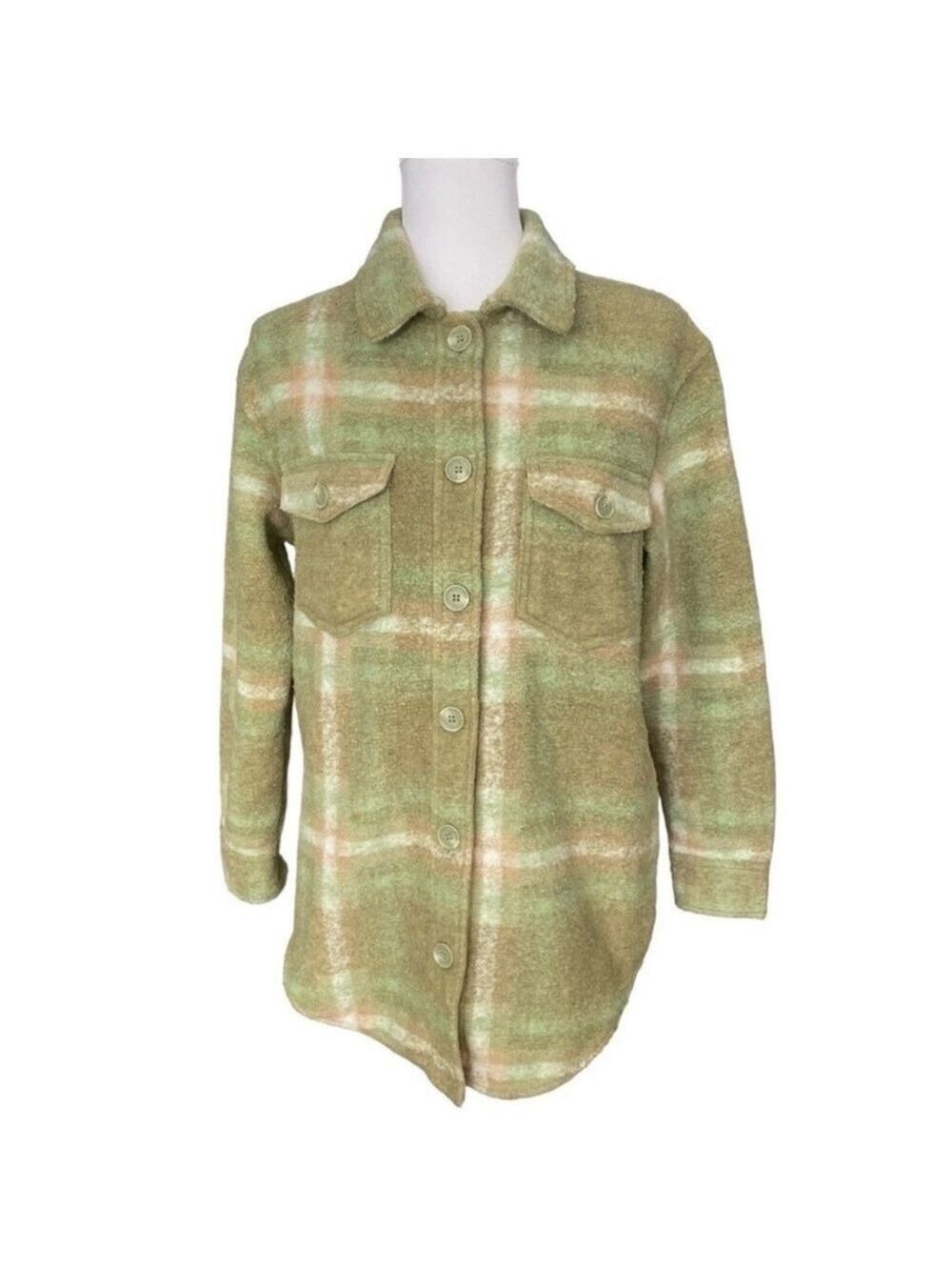 Joie Plaid Wool Blend Shacket Shirt Jacket Green Tan Peach Brushed Fabric XS